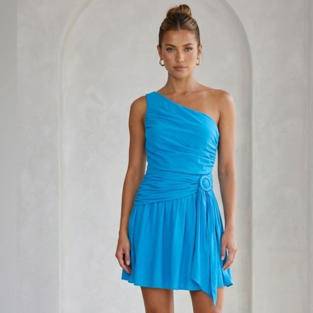 DO+BE Turquoise One Shoulder Mini Dress Size S Cocktail Party Draped Ruched Blue